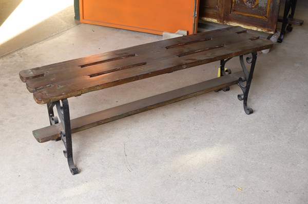 Lot 113 - TEAK AND IRON BENCH