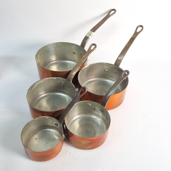 Lot 1353 - SET OF 5 COPPER SAUCEPANS