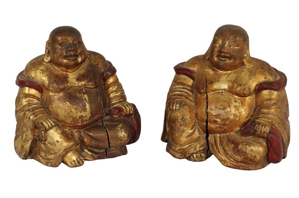 Lot 2 - TWO TIMBER AND GILT BUDAI FIGURES