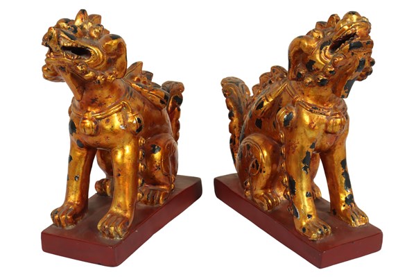 Lot 33 - PAIR OF GILT TIMBER TEMPLE LIONS