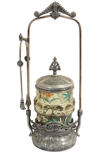 Lot 120 - SILVER PLATE AND GLASS PICKLE CASTOR